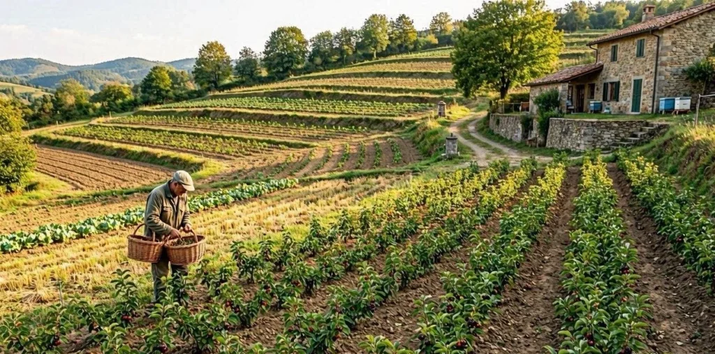 Veduta panoramica dei campi coltivati dell'azienda agricola Alchimia Verde tra le montagne dell'Appennino Modenese.
